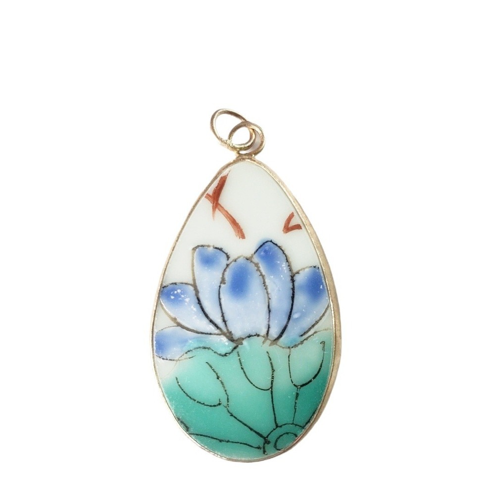 Blue Lotus Flower Pottery Shard Pendant Vintage Hand Painted Porcelain Jewelry